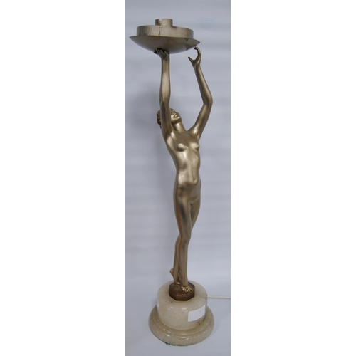 174 - Art Deco painted table lamp, c. 1930s, modelled as a nude female holding aloft a later mottled spher... 