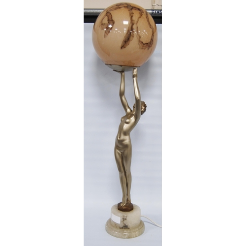 174 - Art Deco painted table lamp, c. 1930s, modelled as a nude female holding aloft a later mottled spher... 