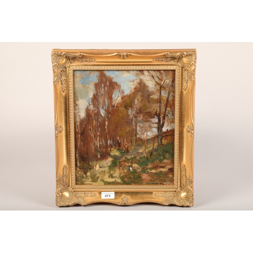 473 - Kirkcudbright School
Gilt framed oil on canvas board, indistinctly signed
'Pastoral Landscape'
35cm ... 