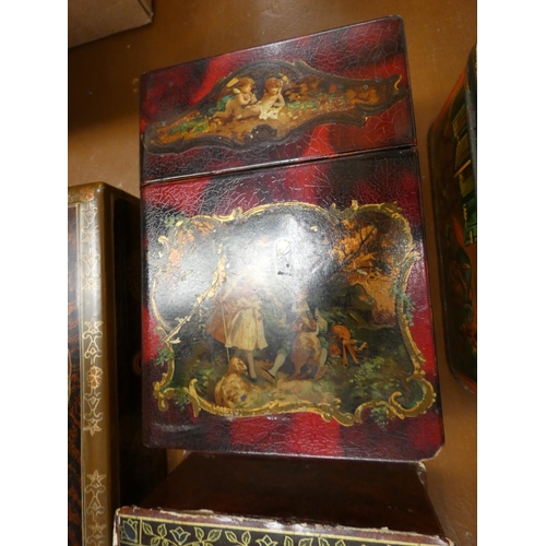 101 - Various antique tins and papier mache boxes. 