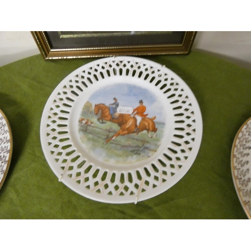 80 - Pair of Liverpool Pottery Road Ltd  hunting plates and another also three framed hunting prints.