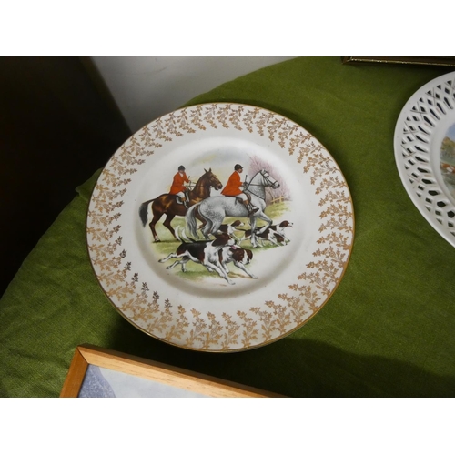 80 - Pair of Liverpool Pottery Road Ltd  hunting plates and another also three framed hunting prints.