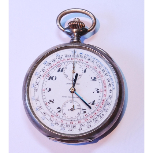 137 - Keyless chronograph by Longines 19.73N, no. 47686842, in silver open face case, 62mm, c. 1900.