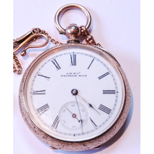 138 - Waltham watch in engraved gold open face case, '10c', imported by A Baume, 39mm, c. 1880, on gold cu... 