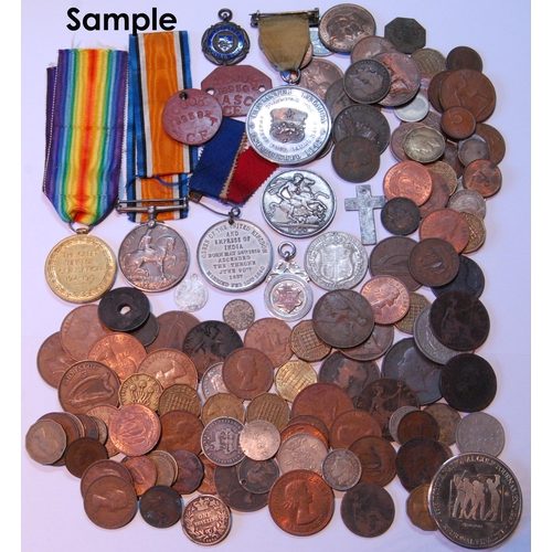 126 - Silver crown and various other coins and WWI campaign medals.