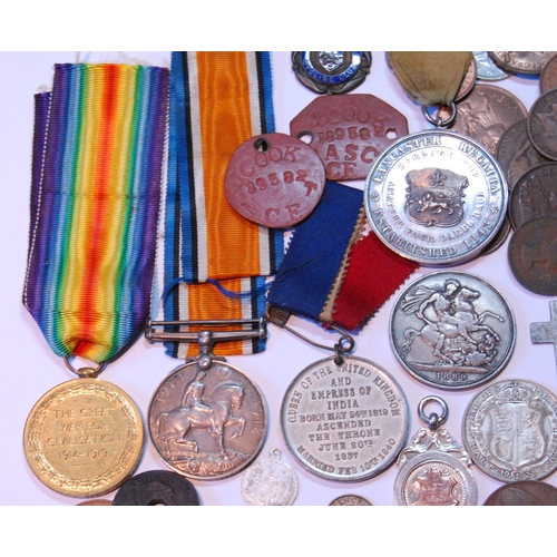 126 - Silver crown and various other coins and WWI campaign medals.