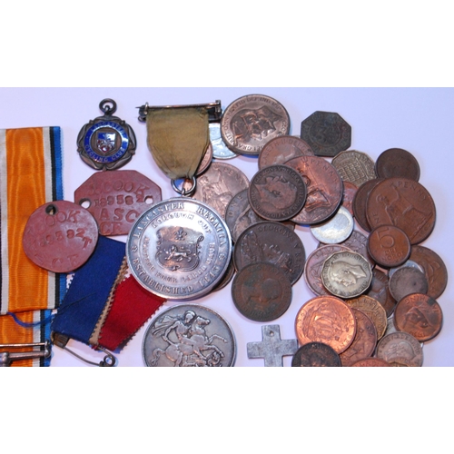 126 - Silver crown and various other coins and WWI campaign medals.