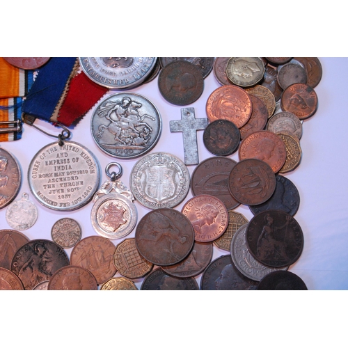 126 - Silver crown and various other coins and WWI campaign medals.