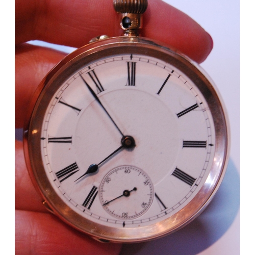 130 - Swiss keyless lever watch in gold open face case, 'K14', 86.2g gross.