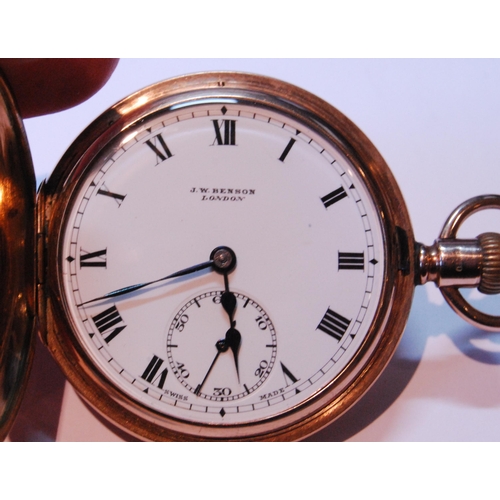 131 - Swiss keyless lever watch for Benson, in 9ct gold half hunter case, 1926, 51mm, 97.2g gross.