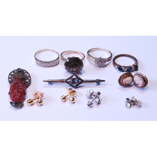 53 - Two diamond rings and another, all 9ct gold, and sundry items in a jewel case.