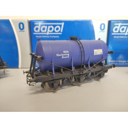 155 - Dapol. Three boxed 0 gauge wagons to include 6 Wheel Milk Tanker 7F-031-003, United Dairies 6 Wheel ... 