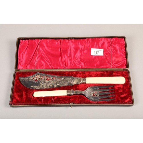 137 - Silver mounted serving Fish knife and fork set