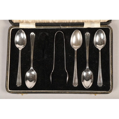 144 - Five silver tea spoons, with plated sugar tongs