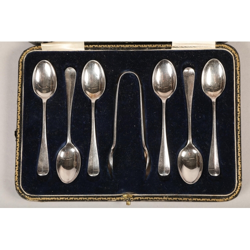 145 - Six silver teaspoons and sugar tongs in Asprey caseSheffield 192389 grams