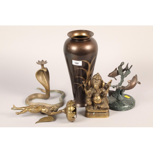 180 - Assorted metal ware including bronze dolphin figure, brass snake candlestick etc