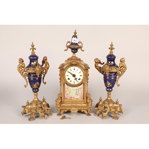 205 - Reproduction gilt metal and porcelain clock garniture set