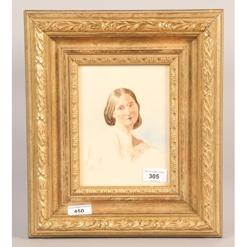 305 - Henry Wright Kerr (1857-1936) Gilt framed watercolour, signed with initials 'Portrait of Lady' 19cm ... 