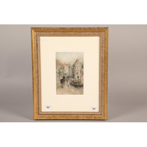 348 - James Little Gilt framed watercolour, signed 'Figure on Bridge Over River' 23cm x 14.5cm