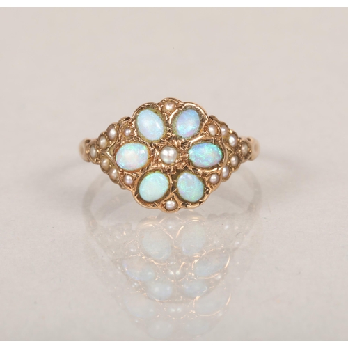 62 - Ladies 10 k gold Opal cluster ring with seed pearl shouldersring size m