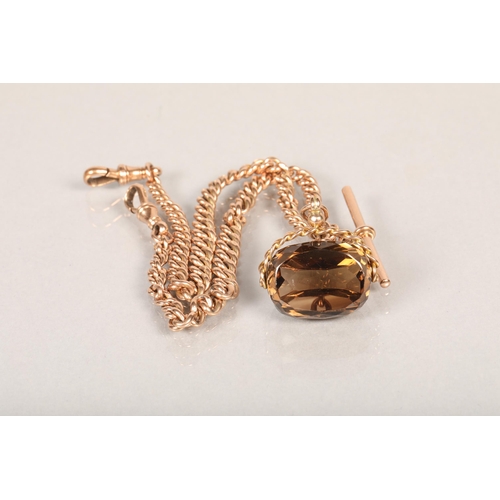 66 - 9 carat gold double albert watch chain with smokey quartz fobweigh excluding fob 40 grams