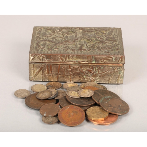 76 - White metal chinese box with assorted British coins