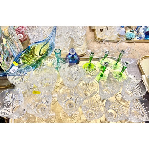 280 - Assortment of crystal glasses, hock glasses, decanters with silver label, studio glass