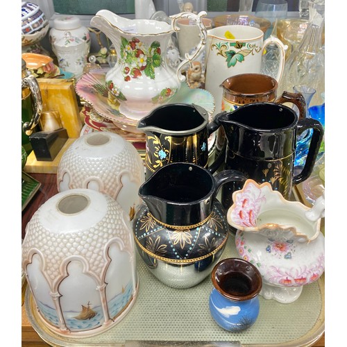 277 - Quantity of Victorian jugs, glass lamp shades etc