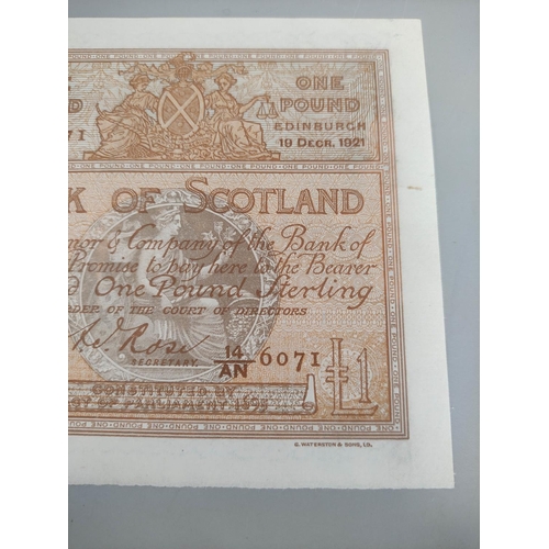 197 - Bank of Scotland 1921 £1 banknote secretary A. Rose prefix 14/AN 6071 19th December. Scarce. AUNC