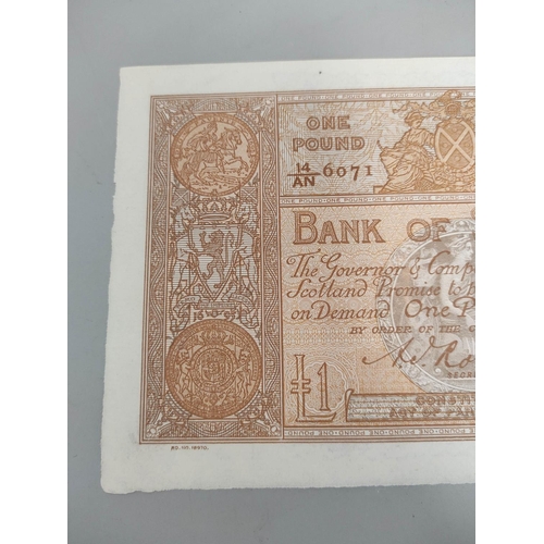 197 - Bank of Scotland 1921 £1 banknote secretary A. Rose prefix 14/AN 6071 19th December. Scarce. AUNC