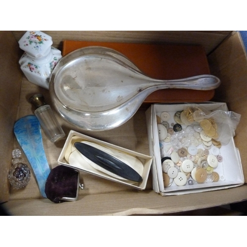 10 - Silver-backed hand mirror, gentleman's travel set, collection of brushes, figures, frames, scent bot... 