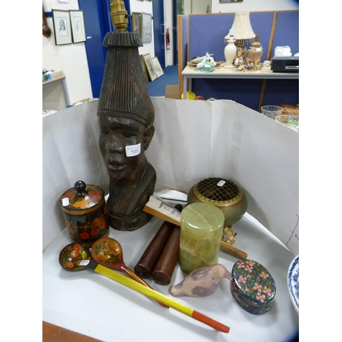 105 - Carved African head converted to a lamp, lacquer box, cloisonné rose bowl etc.