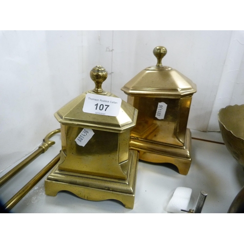 107 - Two 19th century brass tea caddies and covers, eastern belt, measure, lacquer box etc.