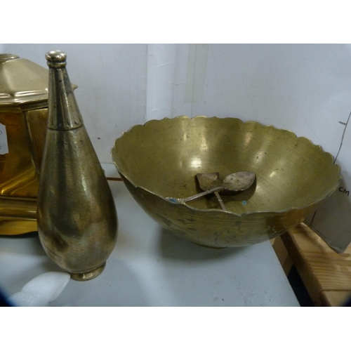 107 - Two 19th century brass tea caddies and covers, eastern belt, measure, lacquer box etc.