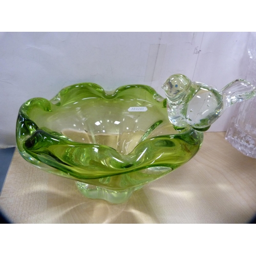 11 - Finnish art glass vase, green glass bowl, two glass scent jars and a Mason's jug.