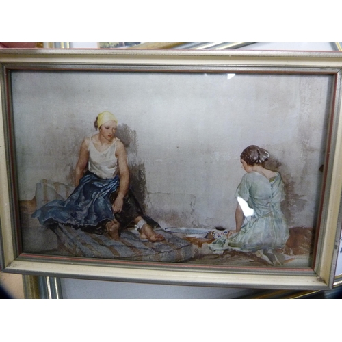 119 - The Inadequate Bandage, framed print after William Russell Flint, two framed watercolours, barometer... 