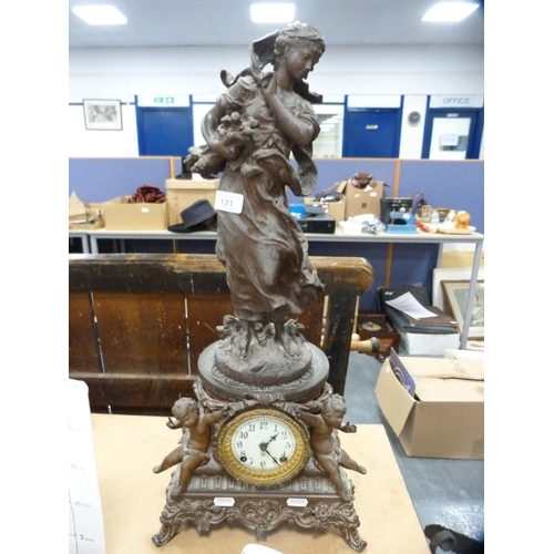 121 - Continental spelter clock surmounted by a figure.