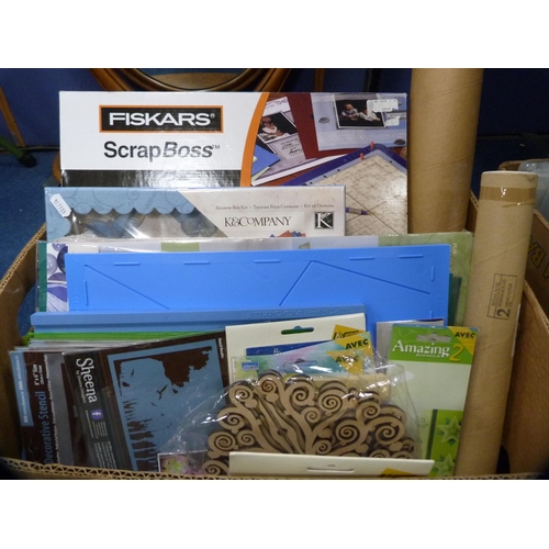 133 - Carton containing craft items to include stencils, shadow box kit, Fiskars Scrap Boss set etc.