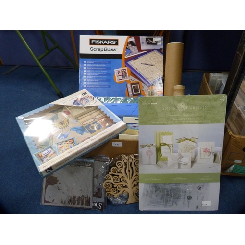 133 - Carton containing craft items to include stencils, shadow box kit, Fiskars Scrap Boss set etc.