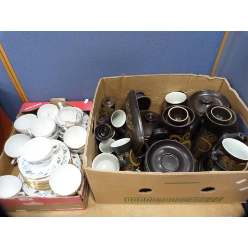 136 - Two cartons containing a Colclough part tea set and a Denby 'Arabesque' tea and coffee set.