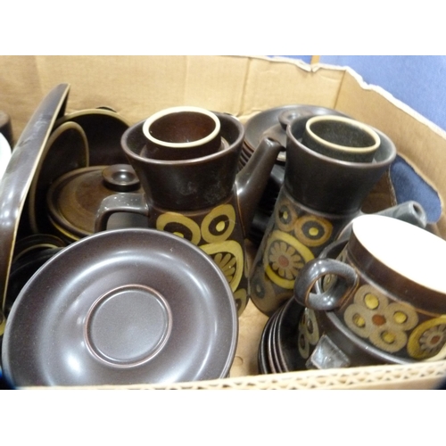 136 - Two cartons containing a Colclough part tea set and a Denby 'Arabesque' tea and coffee set.