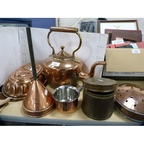 161 - Group of copper to include a copper and brass tea kettle, syphon, moulds, brandy pan, chestnut roast... 