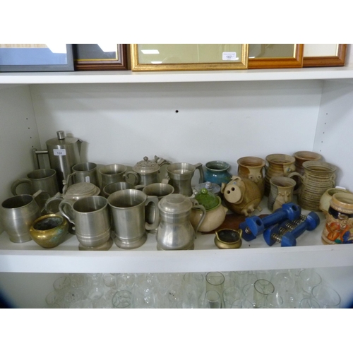 168 - Collection of pewter tankards, studio pottery tankards etc (one shelf).