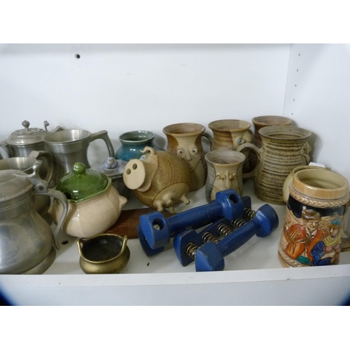 168 - Collection of pewter tankards, studio pottery tankards etc (one shelf).