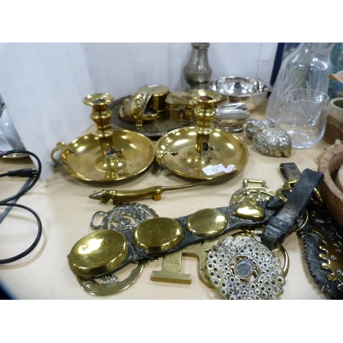 17 - Collection of metalware including two chambersticks, horse brasses, birds, EP quaich, sugar caster e... 