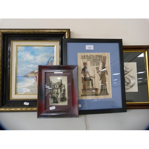 170 - Four framed prints including continental street scene, print of a duck etc (one shelf).