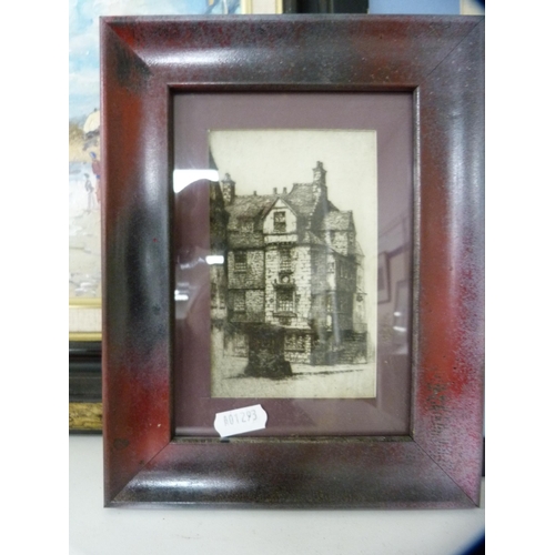 170 - Four framed prints including continental street scene, print of a duck etc (one shelf).