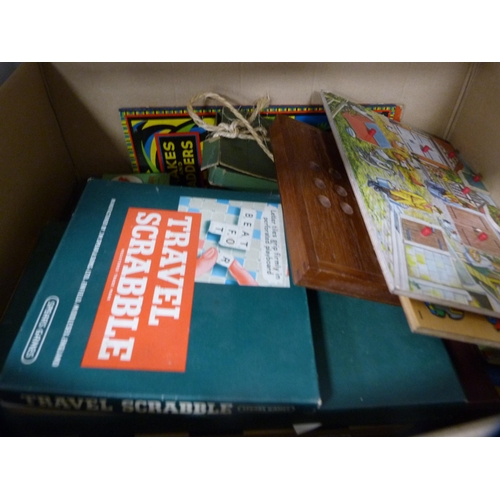 176 - Box of miscellaneous games to include  travel Scrabble, backgammon, playing cards, chess, jigsaws, d... 