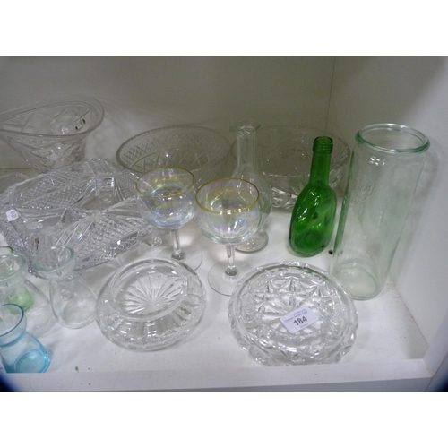 184 - Collection of glassware including decanter, bulb vase, fruit bowls, glasses etc (one shelf).