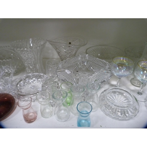 184 - Collection of glassware including decanter, bulb vase, fruit bowls, glasses etc (one shelf).